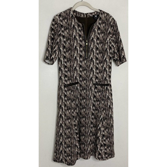 W By Worth Womens Tan Brown Printed Zip Front Short Sleeve Flare Dress Sz 8 - Picture 2 of 5